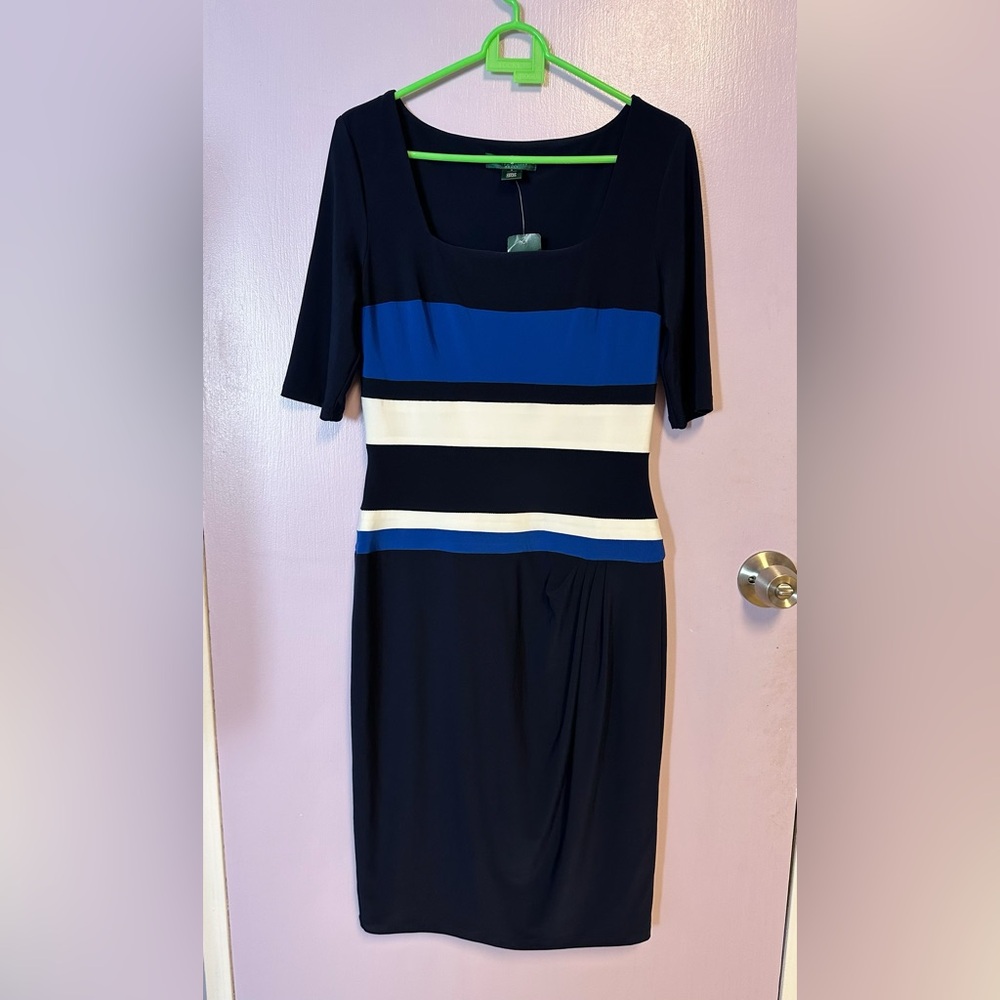 Ralph Lauren Navy, Cobalt & White Striped Midi Sheath Dress